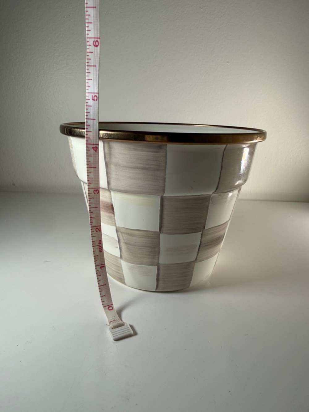 Mackenzie-Childs Mocha Check Small Garden Pot in Cream and Taupe with Gold Rim - Picture 5 of 5